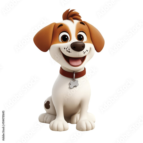 Cute cartoon dog sitting wearing a collar with bone shaped tag isolated on white background 3D render happy puppy canine pet animal domestic adorable friendly playful furry companion best friend