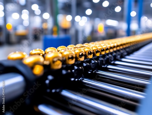 A conveyor belt with a bunch of yellow bells on it photo