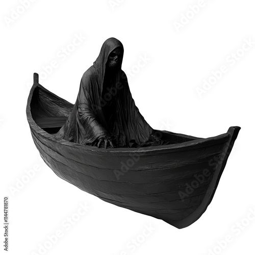 Grim Reaper in a Boat Death Symbol Halloween Spooky Dark Creepy Horror Fantasy Mythology River Styx Ferryman Underworld Isolated White Background 3D Render Illustration Digital Art photo