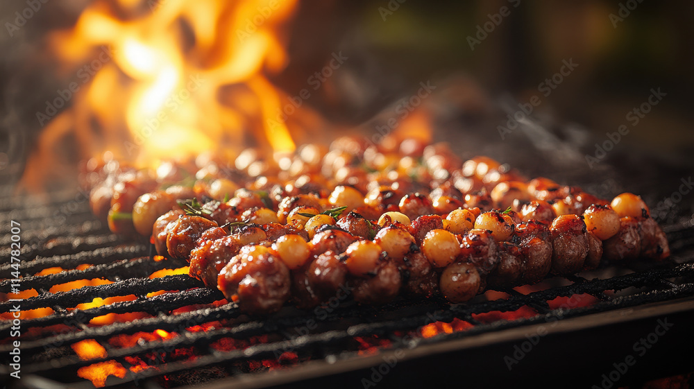 Delicious skewers for BBQ featuring marinated meat and grilled vegetables, creating mouthwatering experience with flames in background. Perfect for summer gatherings Delicious skewers for BBQ featuring marinated meat and grilled vegetables, creating mouthwatering experience with flames in background. Perfect for summer gatherings