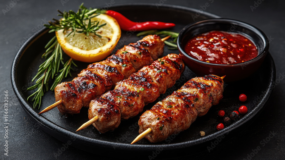 Delicious skewers for BBQ featuring marinated meat, served with spicy sauce, fresh herbs, and lemon. Perfect for gatherings and outdoor cooking Delicious skewers for BBQ featuring marinated meat, served with spicy sauce, fresh herbs, and lemon. Perfect for gatherings and outdoor cooking