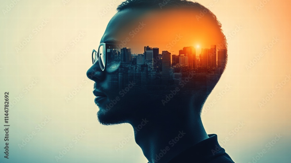 Modern Businessman with Cityscape Double Exposure Modern Businessman with Cityscape Double Exposure