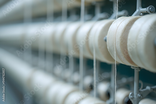 large group of bobbin thread cones on a warping machine in a textile mill