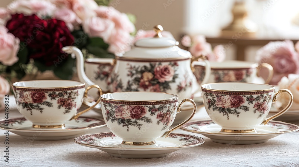 Fototapeta premium Elegant floral tea set on a table with roses.