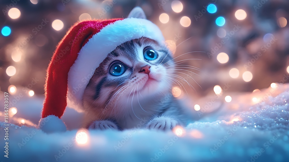 A curious kitten in a Santa hat looking at Christmas lights A curious kitten in a Santa hat looking at Christmas lights
