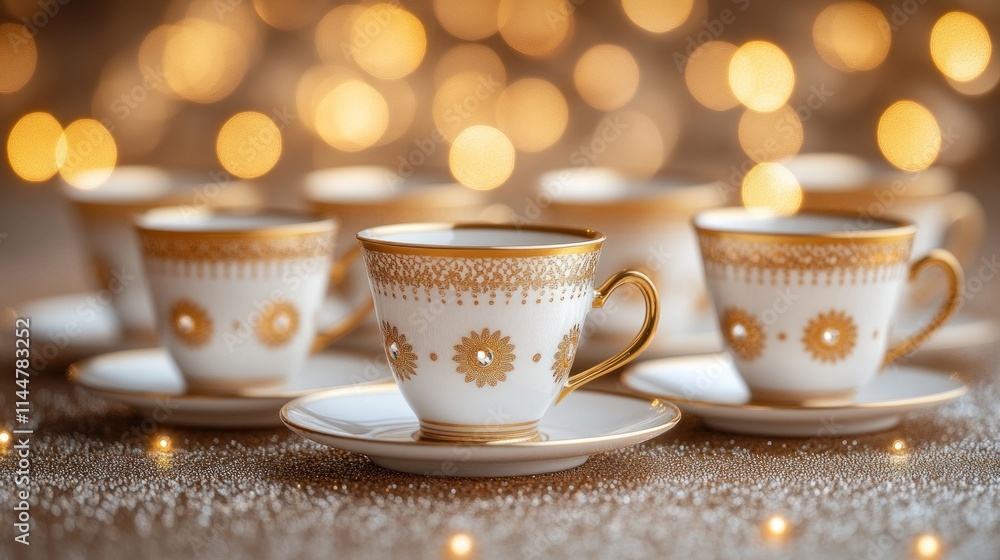 Elegant gold-rimmed porcelain teacups on a sparkling surface. Elegant gold-rimmed porcelain teacups on a sparkling surface.