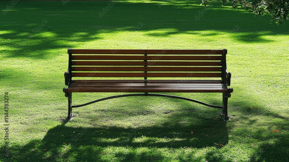 Empty Wooden Bench on Green Lawn Surrounded by Soft Shade and Sunlight Empty Wooden Bench on Green Lawn Surrounded by Soft Shade and Sunlight