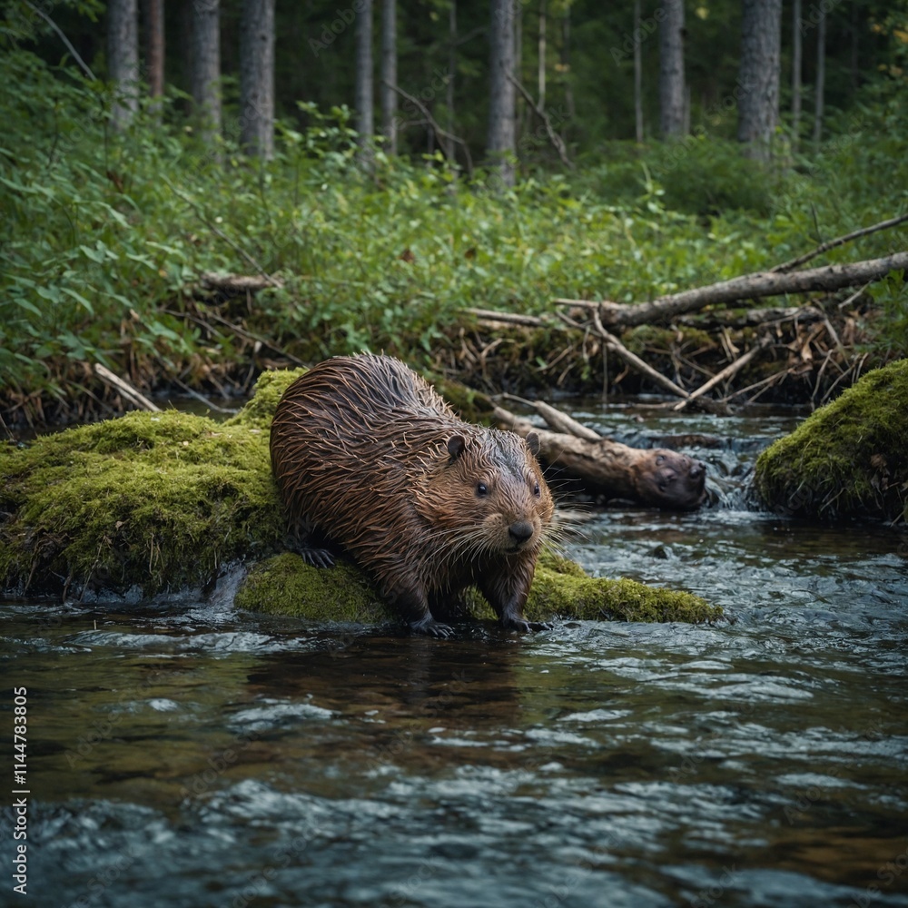 beaver_dam_building: A beaver building a dam in a serene forest stream.
beaver_dam_building: A beaver building a dam in a serene forest stream.