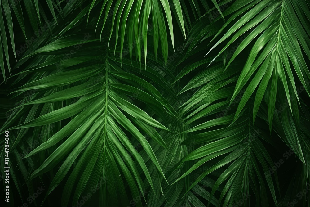 Tropical palm leaves overlapping, creating a vibrant, deep green, natural background, perfect for nature themed designs Tropical palm leaves overlapping, creating a vibrant, deep green, natural background, perfect for nature themed designs