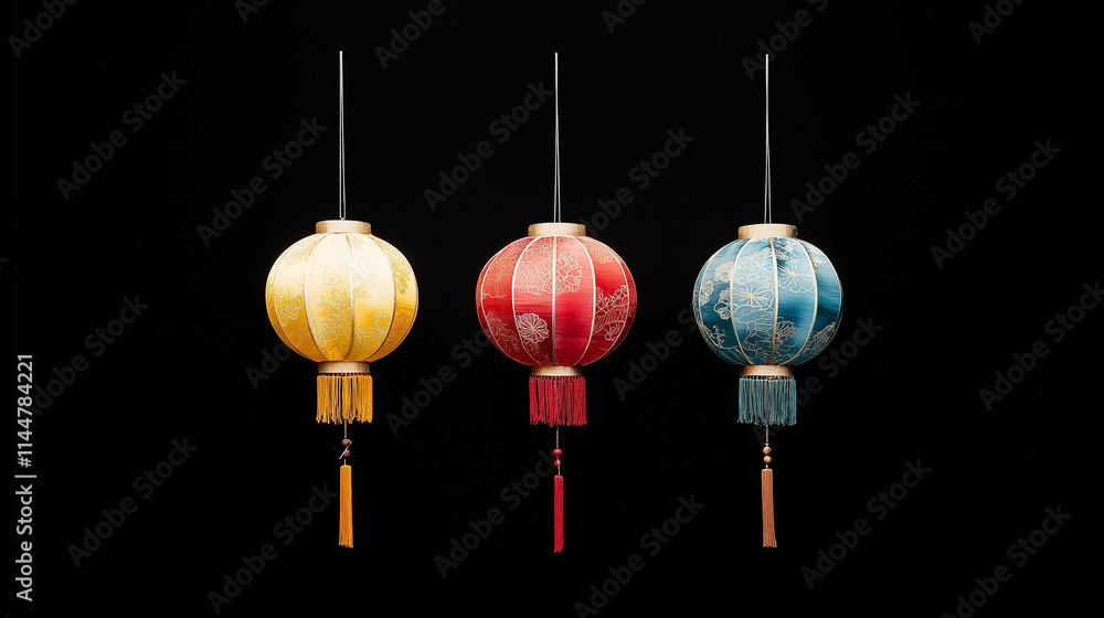 Chinese Lanterns Illuminated: Three vibrant Chinese lanterns, adorned with intricate designs and tassels, illuminate against a black background, symbolizing celebration, good luck. Chinese Lanterns Illuminated: Three vibrant Chinese lanterns, adorned with intricate designs and tassels, illuminate against a black background, symbolizing celebration, good luck.