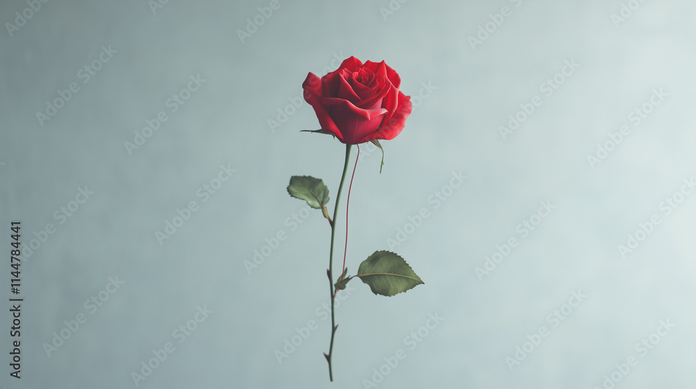 Fototapeta premium Solitary Red Rose: A single, vibrant red rose stands elegantly against a muted blue-gray backdrop, its delicate petals and stem capturing a moment of serene beauty.