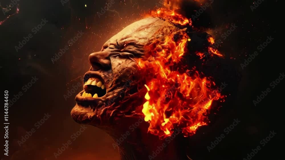 Dramatic visual effects featuring a head engulfed in flames and surrounded by intense lightning. Perfect for horror, fantasy, or action projects needing a powerful visual.. AI Generation Dramatic visual effects featuring a head engulfed in flames and surrounded by intense lightning. Perfect for horror, fantasy, or action projects needing a powerful visual.. AI Generation