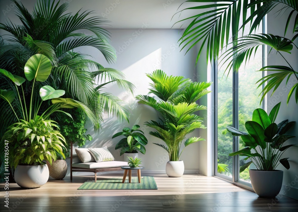 Fototapeta premium Modern tropical interiors: a blank canvas wall, sharply focused, showcasing lush depth.