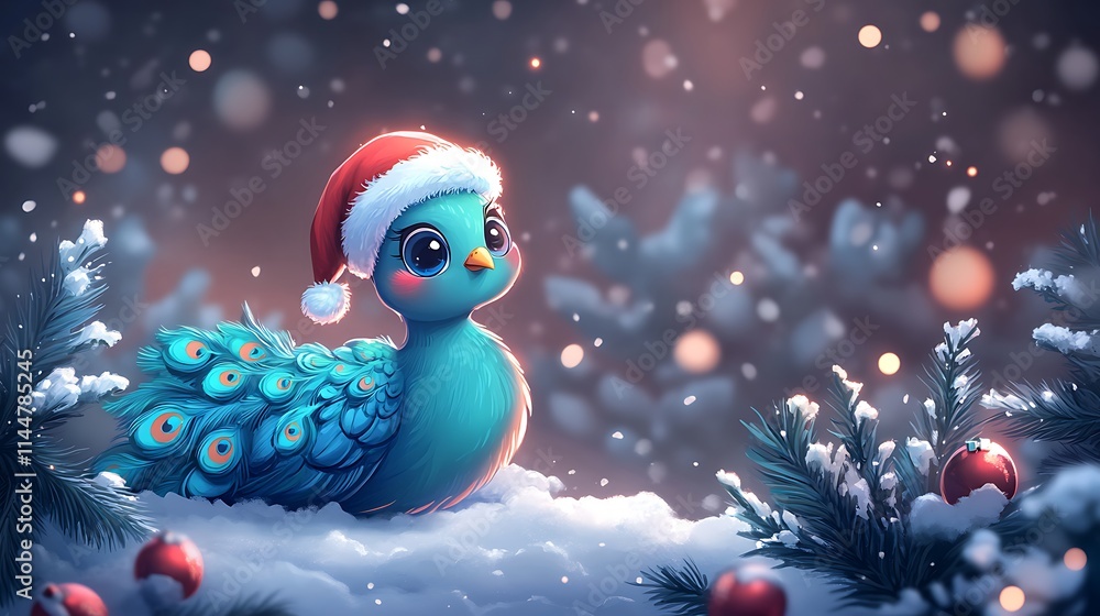 A peacock with a Santa hat in a colorful festive setting A peacock with a Santa hat in a colorful festive setting