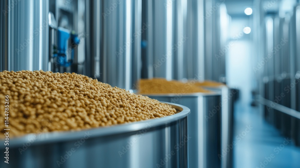 A close-up view of storage containers filled with grains, showcasing a modern industrial facility with a clean and organized layout. A close-up view of storage containers filled with grains, showcasing a modern industrial facility with a clean and organized layout.