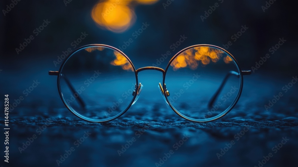 Delicately balanced on a textured surface, these round eyeglasses reflect a mesmerizing dance of golden lights against a deep blue backdrop, evoking a sense of elegance and thoughtful introspection Delicately balanced on a textured surface, these round eyeglasses reflect a mesmerizing dance of golden lights against a deep blue backdrop, evoking a sense of elegance and thoughtful introspection