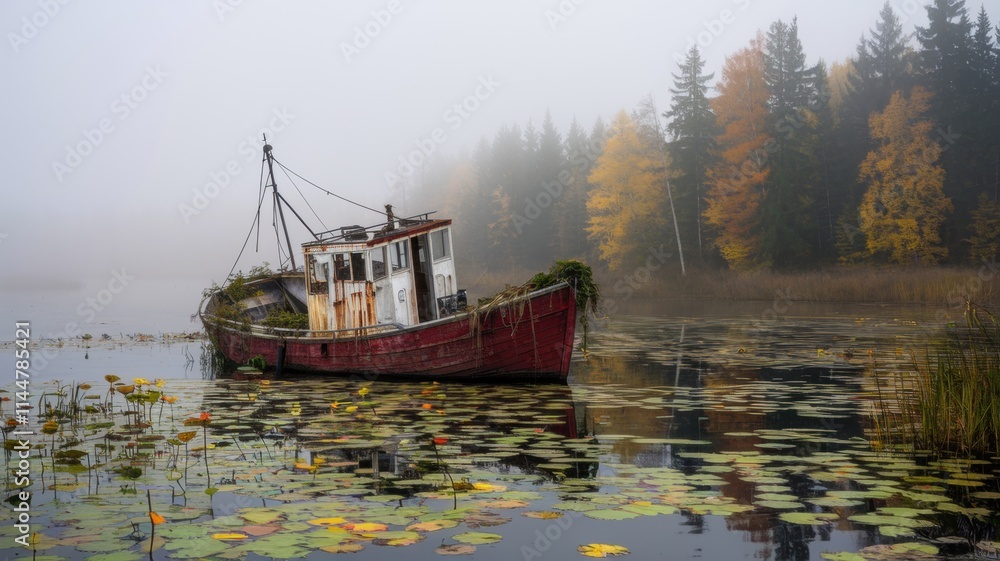 Fototapeta premium A pond, with a dilapidated red boat anchored in the center. The boat is old and battered, covered with rust and foliage. The water is dotted with lily pads. There is a thick fog in the background.