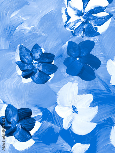 Abstract flowers in blue color, original hand drawn, impressionism style, brush texture, art background.