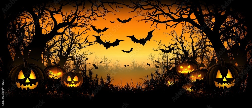 Halloween scene with bats flying over a forest and pumpkins on the ground. Banner Halloween scene with bats flying over a forest and pumpkins on the ground. Banner