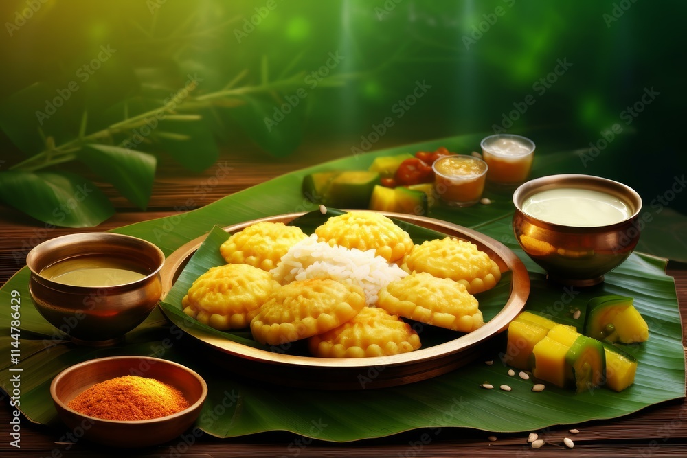 Vibrant and aromatic kerala feast featuring sweet rice cakes, coconut milk, spices, and colorful accompaniments served on a fresh banana leaf Vibrant and aromatic kerala feast featuring sweet rice cakes, coconut milk, spices, and colorful accompaniments served on a fresh banana leaf