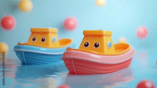 Two cute cartoon toy boats floating on water. photo