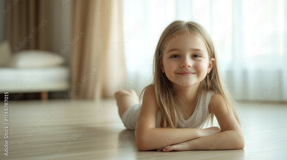 Happy young girl lying on the floor in a bright home interior setting Happy young girl lying on the floor in a bright home interior setting