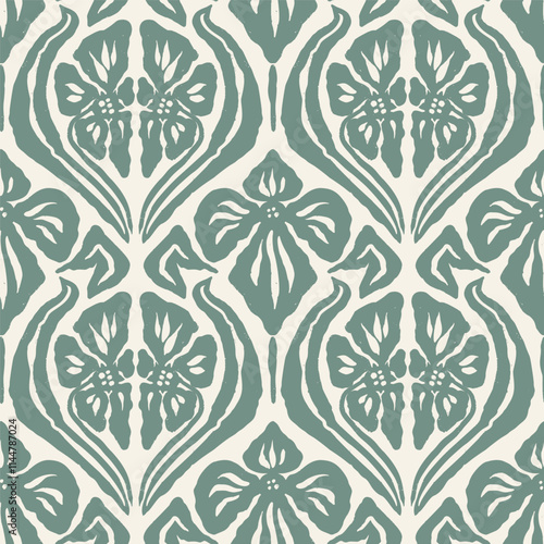 Monochrome green brush strokes inky flowers seamless pattern damask style. Abstract modern floral background. Textured botanical minimalist wallpaper