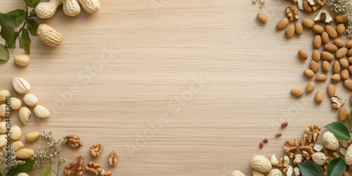 An elegant variety of nuts, including almonds and walnuts, thoughtfully arranged on a rustic wooden table, highlighting natural textures and earthy tones. photo