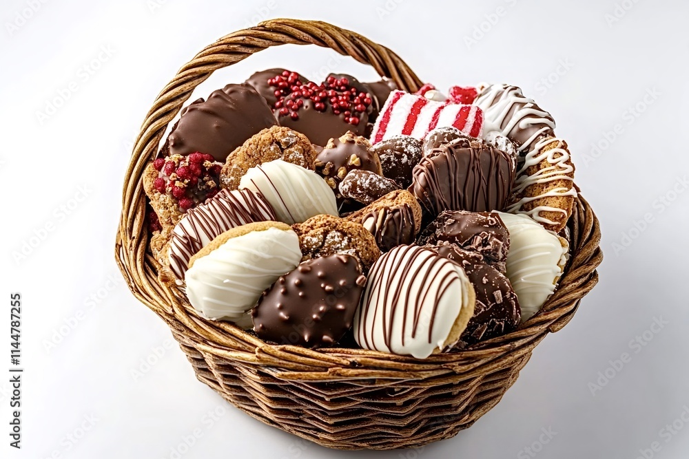 Gourmet cookies dipped in chocolate and white chocolate, decorated with sprinkles and drizzles, overflow a wicker basket, creating a tempting holiday gift or party treat Gourmet cookies dipped in chocolate and white chocolate, decorated with sprinkles and drizzles, overflow a wicker basket, creating a tempting holiday gift or party treat
