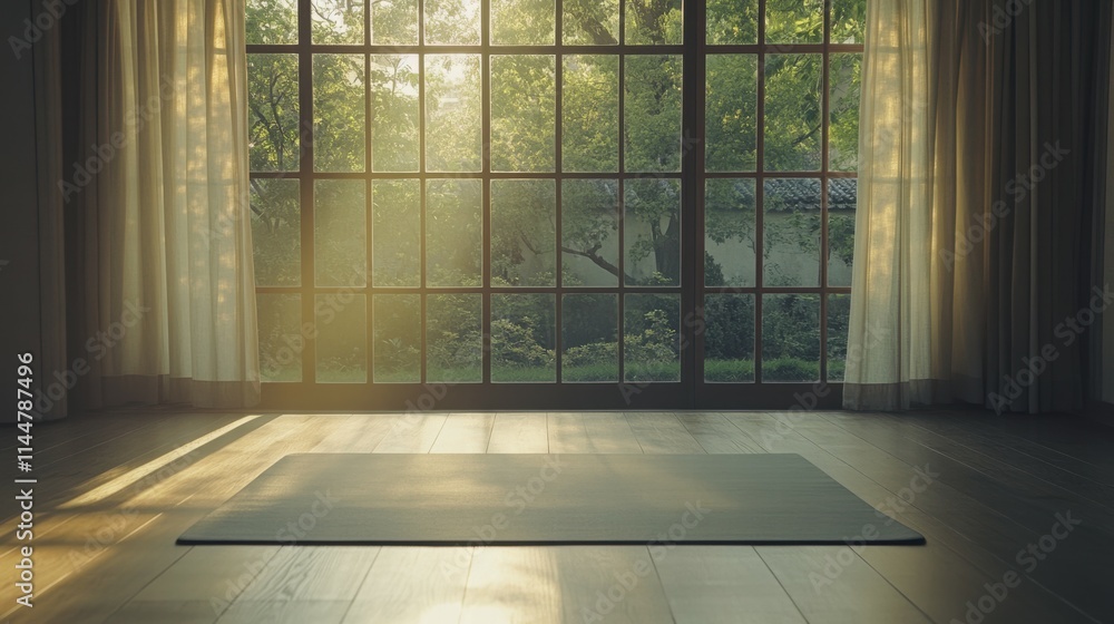 Serene Yoga Space with Natural Light and Greenery View through Window Serene Yoga Space with Natural Light and Greenery View through Window