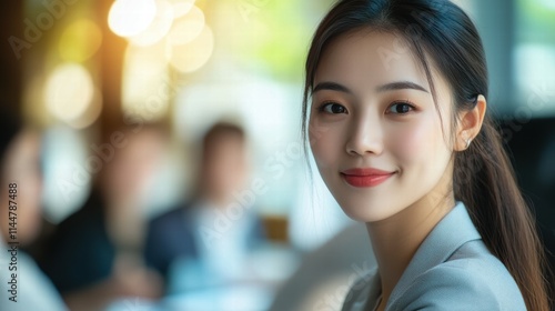 Confident Young Woman Smiling in Professional Setting with Soft Background Light