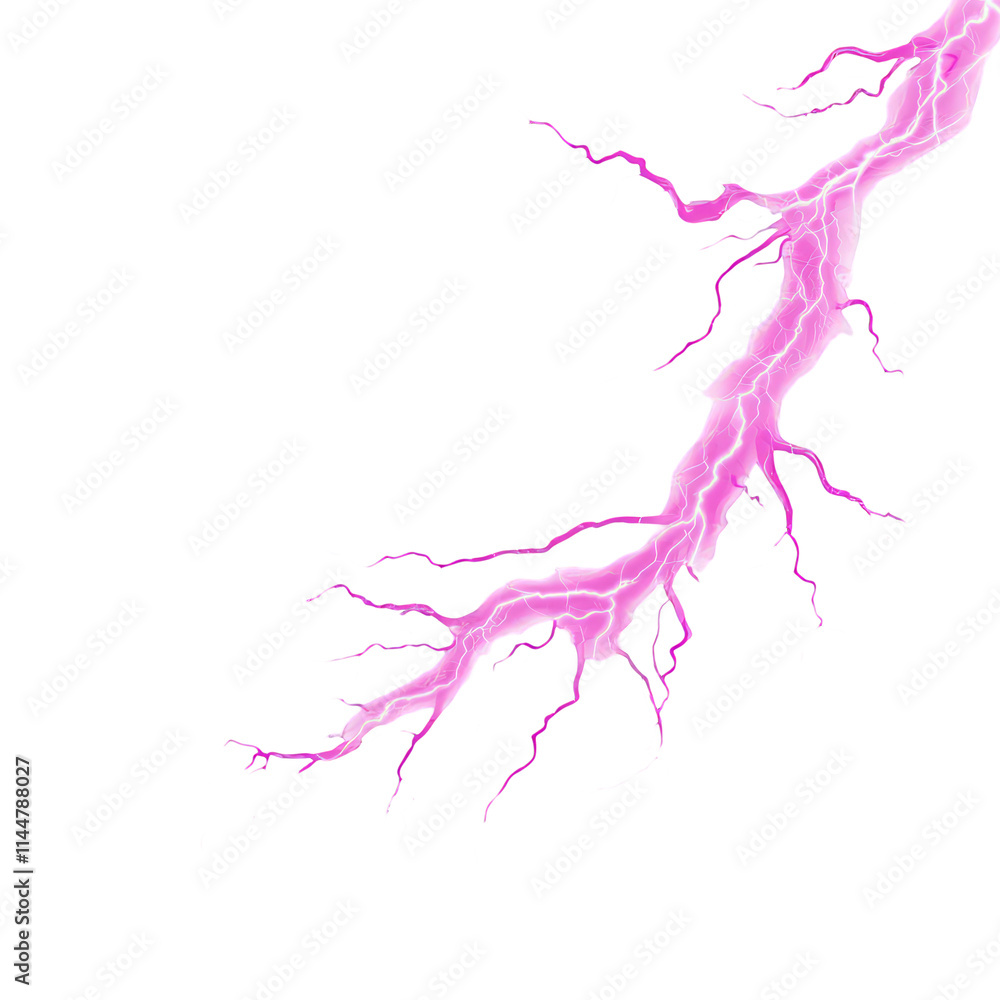 Fototapeta premium Pink lightning bolt isolated on white background electric thunderbolt energy strike power current discharge flash light nature shock electricity thunderstorm weather bright magic effect illustration