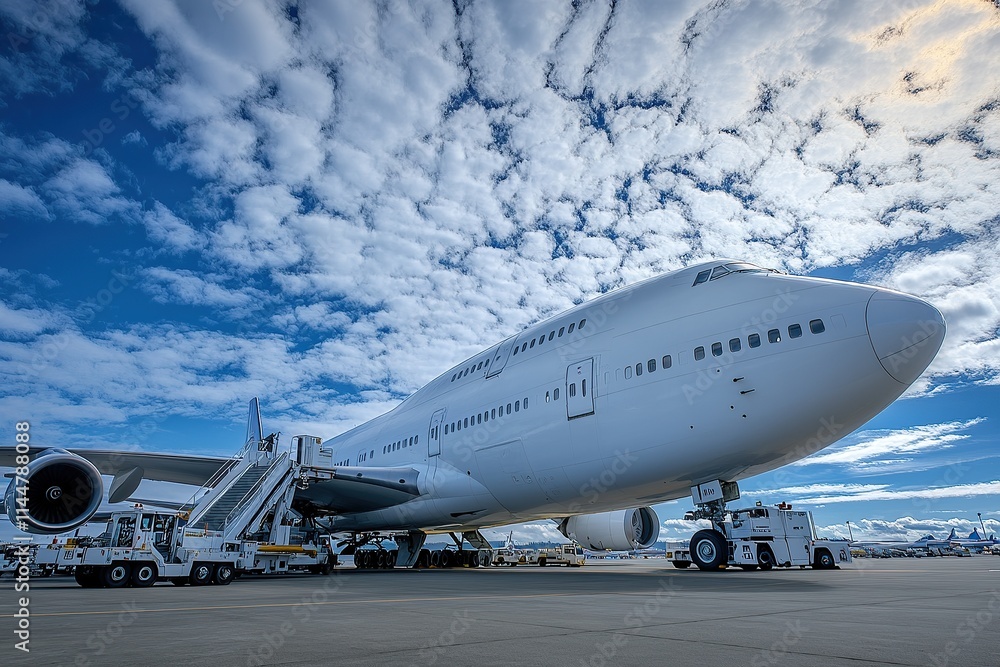 A white Boeing airplane parked at the airport gate, blue sky with clouds in the background A white Boeing airplane parked at the airport gate, blue sky with clouds in the background