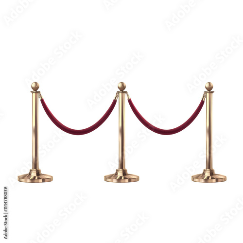 Golden stanchions with red velvet ropes barrier for VIP event entrance access control queue management isolated on white background luxury exclusive entrance party celebration premiere access photo