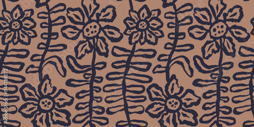 Brush strokes inky flowers brown seamless pattern. Abstract floral contemporary background. Textured botanical minimalist wallpaper