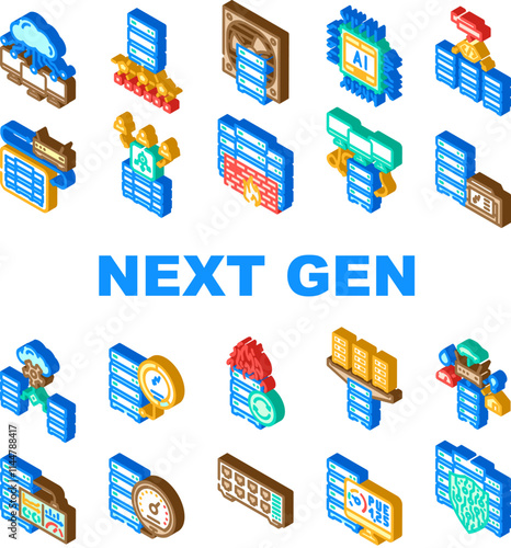 next gen data center virtual icons set vector. automation scalability, efficiency sustainability, cloud, edge, ai, iot, security next gen data center virtual isometric sign illustrations