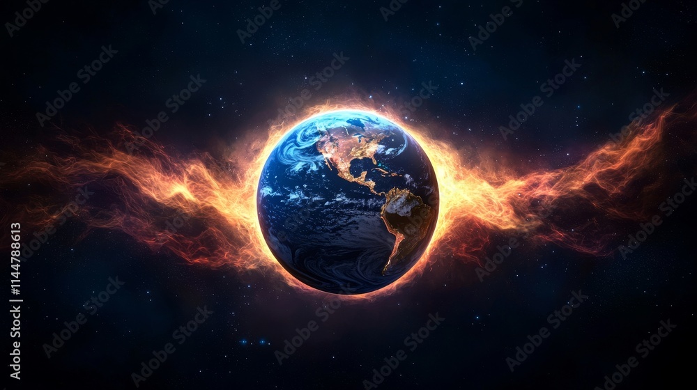 A vibrant depiction of Earth surrounded by fiery elements, set against a cosmic backdrop highlighting the beauty and mystery of our planet. A vibrant depiction of Earth surrounded by fiery elements, set against a cosmic backdrop highlighting the beauty and mystery of our planet.