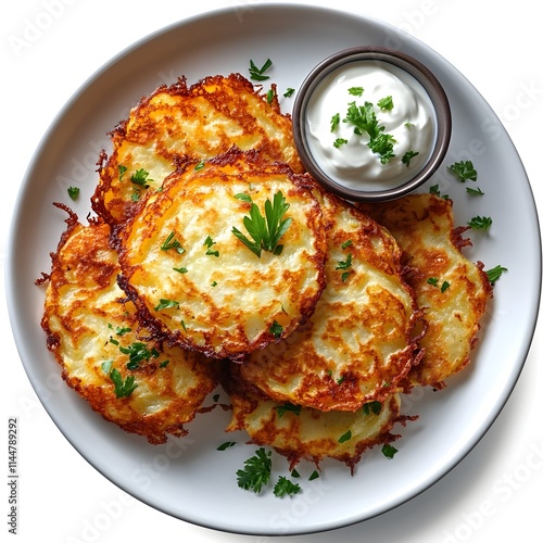 Rösti with Crispy Golden Potato Pancakes, Fresh Parsley, and Sour Cream on White Plate photo