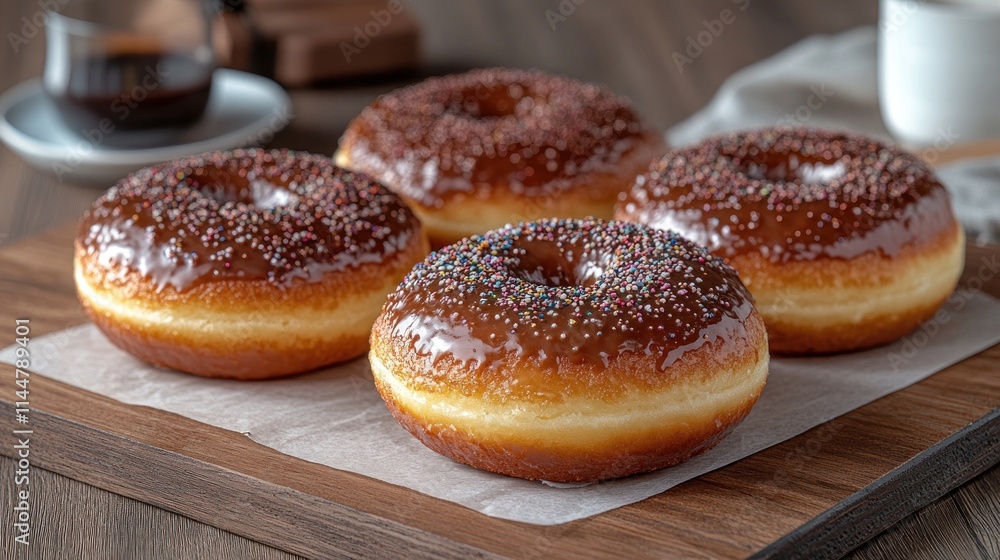 Four glazed donuts with sprinkles on a wooden cutting board. Four glazed donuts with sprinkles on a wooden cutting board.