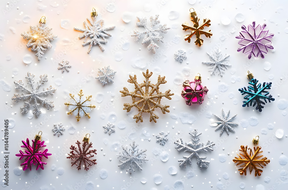 Glittering Snowflakes and Ornaments on a White Surface for Holiday Celebrations Glittering Snowflakes and Ornaments on a White Surface for Holiday Celebrations
