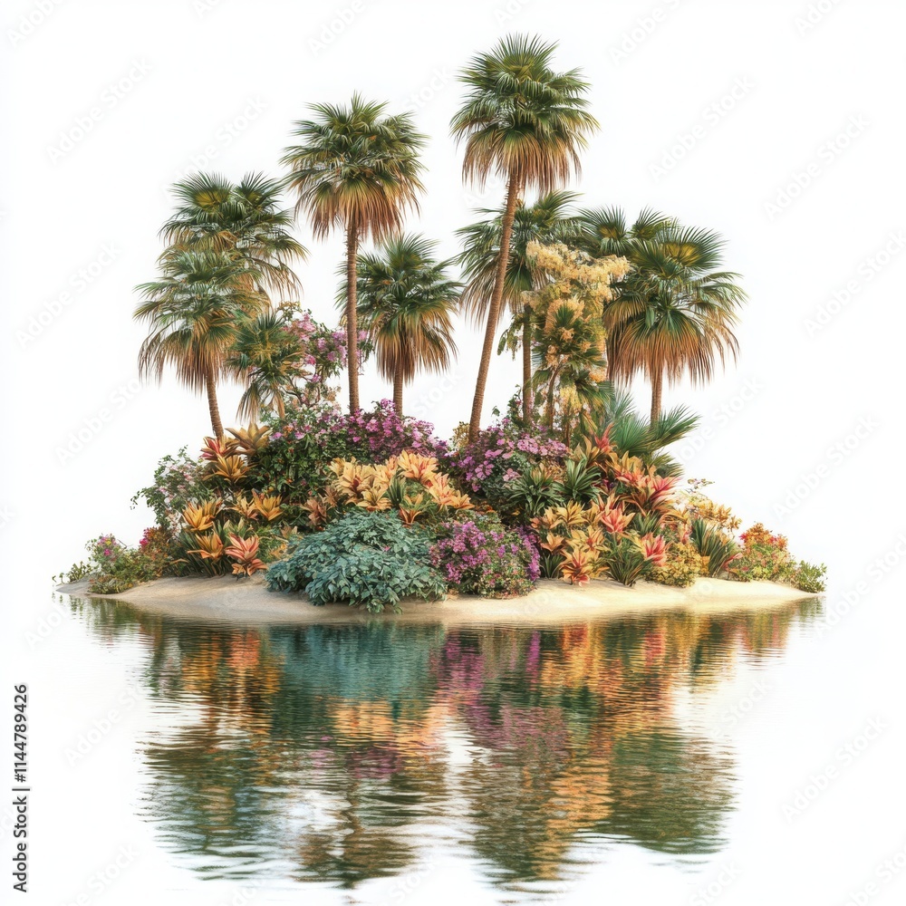 Fototapeta premium A picturesque oasis with a cluster of date palms and blooming flowers reflecting in the water on a white background 
