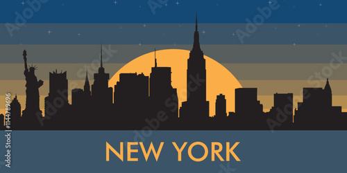 Black silhouette of the city of New York against the background of the night starry sky and a large yellow moon