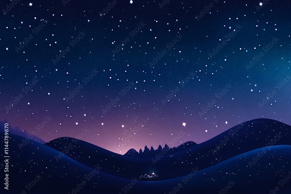 Obraz premium Illuminating the christmas creche with baby jesus under the star of bethlehem, a serene night sky and rolling hills create a peaceful, holy atmosphere