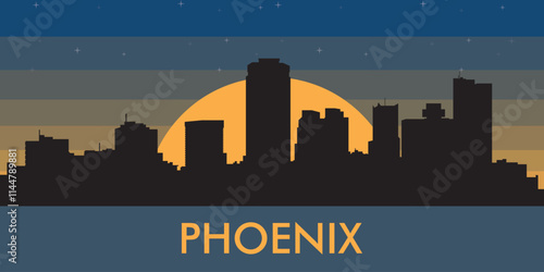 Black silhouette of the city of Phoenix against the background of the night starry sky and a large yellow moon