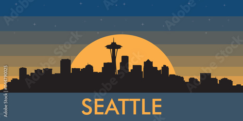 Black silhouette of the city of Seattle against the background of the night starry sky and a large yellow moon