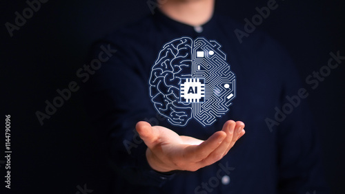 Man using tools AI. technology smart robot science and artificial intelligence technology, and innovation futuristic and global connection for providing access to information and data online network.