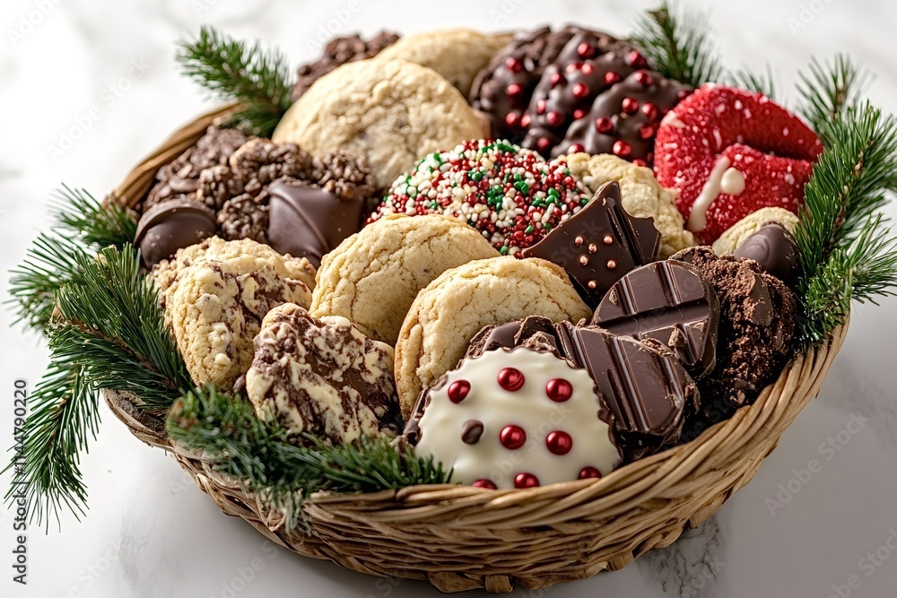 Wicker basket overflowing with a delightful assortment of christmas cookies and chocolates, adorned with festive sprinkles and fresh pine branches, creating a warm holiday scene Wicker basket overflowing with a delightful assortment of christmas cookies and chocolates, adorned with festive sprinkles and fresh pine branches, creating a warm holiday scene