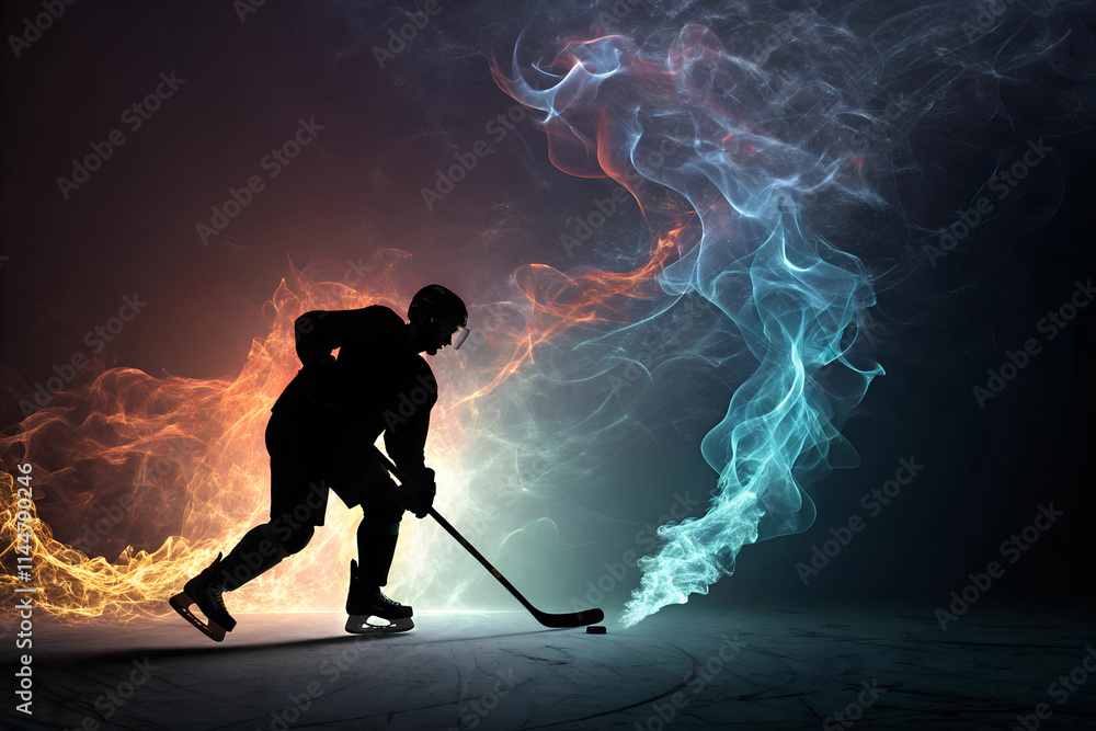 Naklejka premium Silhouette Körper Eishockey Spieler auf dem Eis in der Halle mit Gegenlicht - Flammen und Plasma Linien - Energie und Kraft - Abstrakte Sport Darstellung