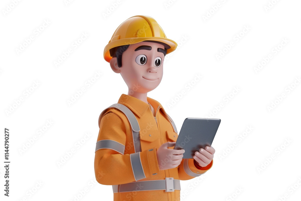 3D Cartoon character of Male engineer in orange safety gear and helmet holding tablet isolated on transparent png background. 3D Cartoon character of Male engineer in orange safety gear and helmet holding tablet isolated on transparent png background.