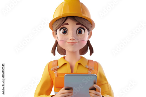 3D Cartoon character of Female engineer with helmet and safety goggles holding tablet isolated on transparent png background.